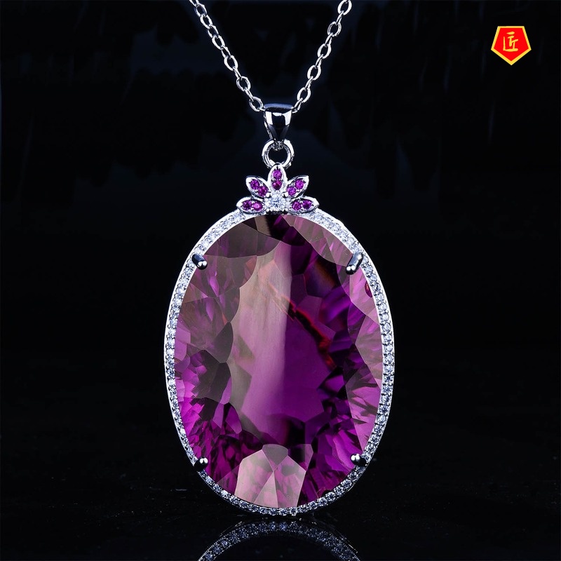 [Ready Stock]Luxurious Colored Gems Necklace Micro-Inlaid Diamond Elegant Amethyst Pendant