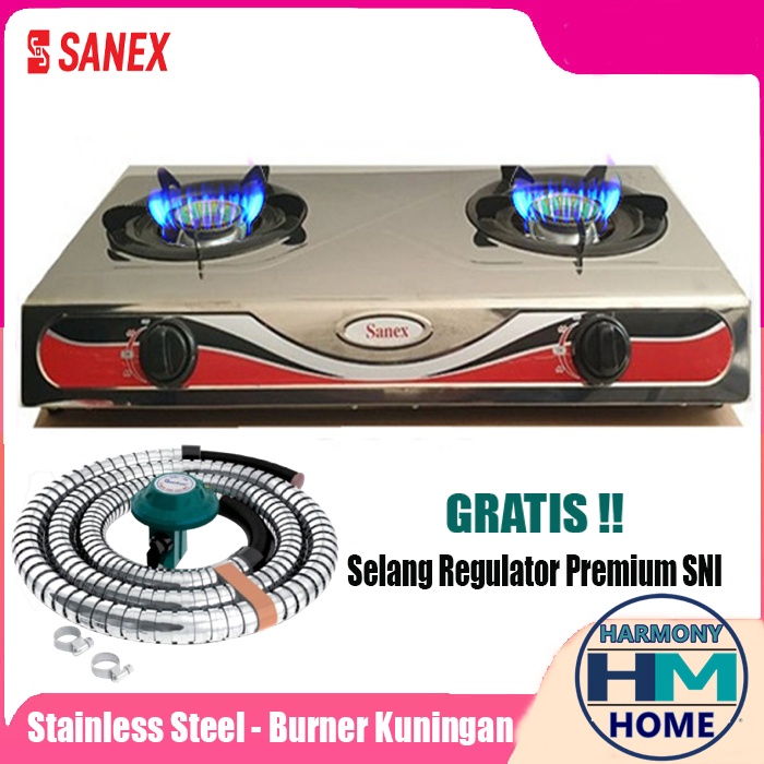 Kompor Gas Sanex 2 Tungku Stainless Steel Api Biru Bonus Selang PAKET REGULATOR Caisar 1.8 Meter ber SNI