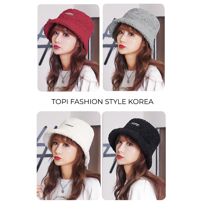 Bucket Hat Pria Wanita Korea Motif HaiTalentoM Bahan Kain Wol Bulu Domba halus fashion kekinian TBA