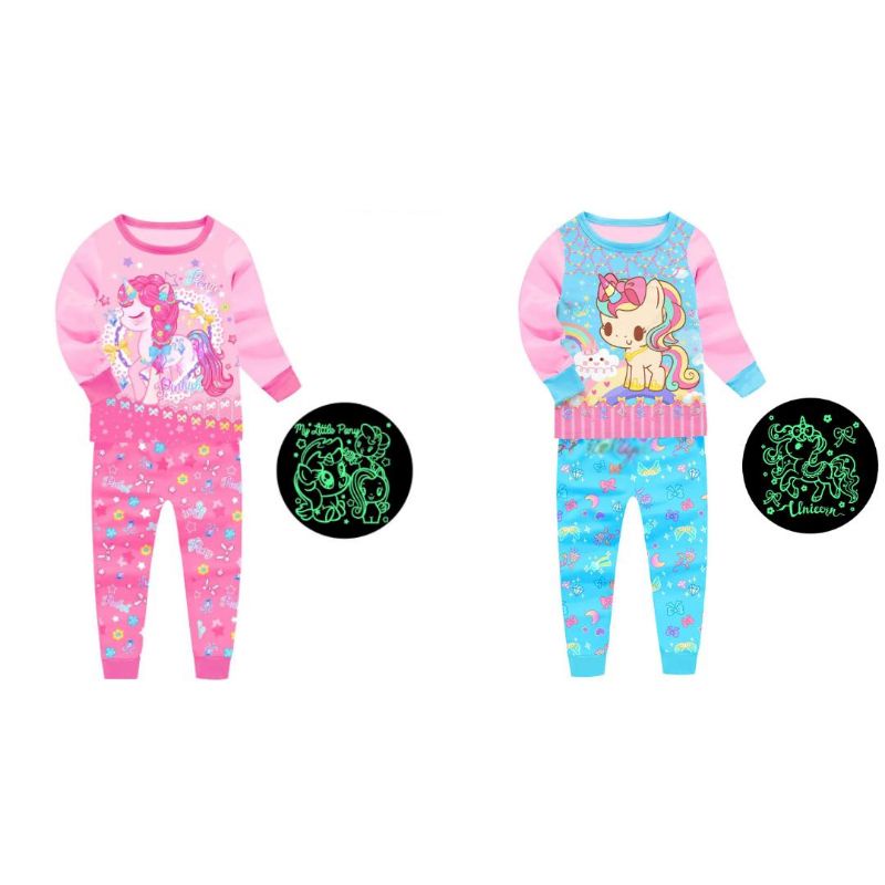 piyama glow in the dark anak perempuan import 2 Tahun - 12 Tahun / baju tidur anak perempuan 2 tahun