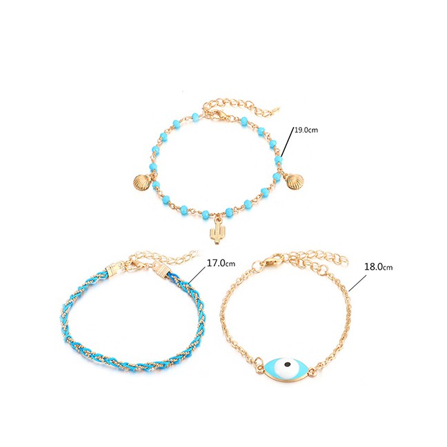 LRC Gelang Kaki Fashion Gold Woven Rice Beads Eye Cactus Shell Multi-layer Anklet F78067