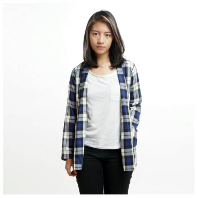 Outer Long Blazer Wanita Panjang Flannel Flanel Kotak-Kotak Biru