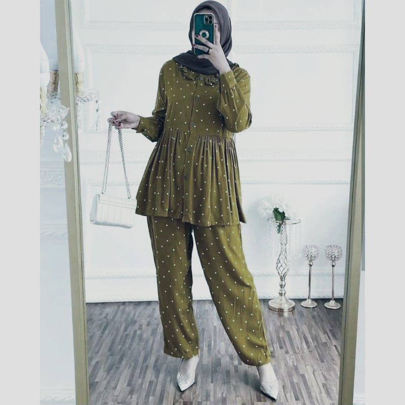 One Set Rayon Viscose Premium motif terbaru-Polka olive set