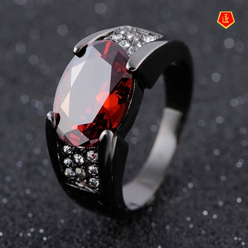 [Ready Stock]Inlaid Ruby Black Gold Ring Party Wedding Ring