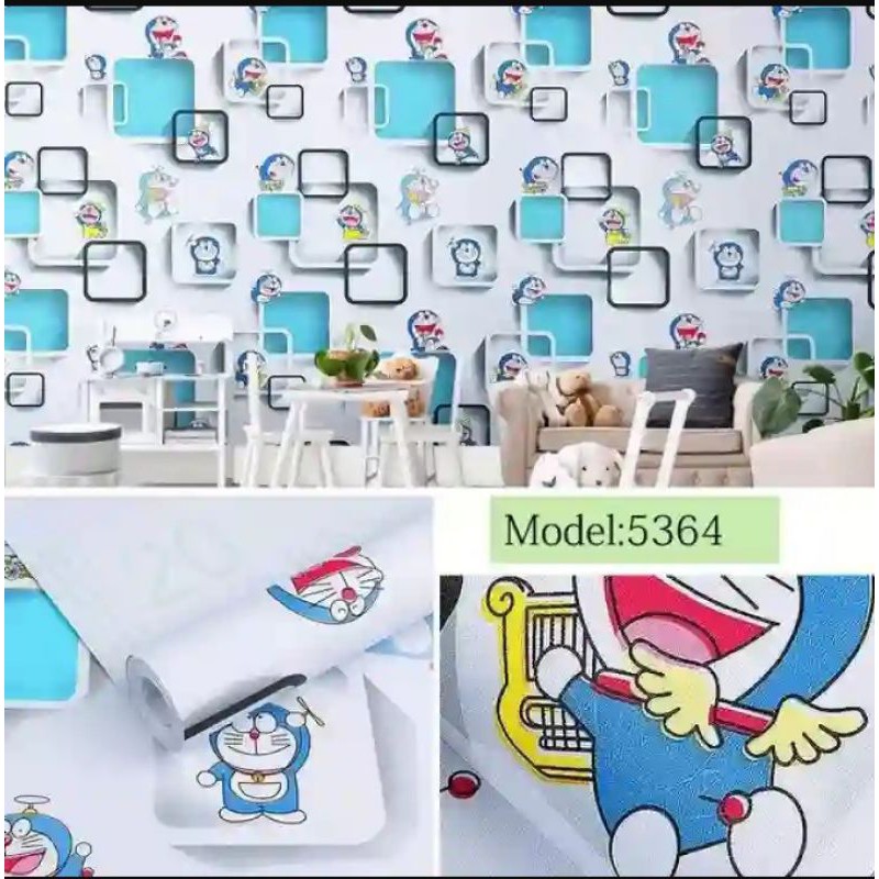 WALLPAPER STIKER  STIKER DINDING MOTIF DORAEMON KOTAK BIRU 3D