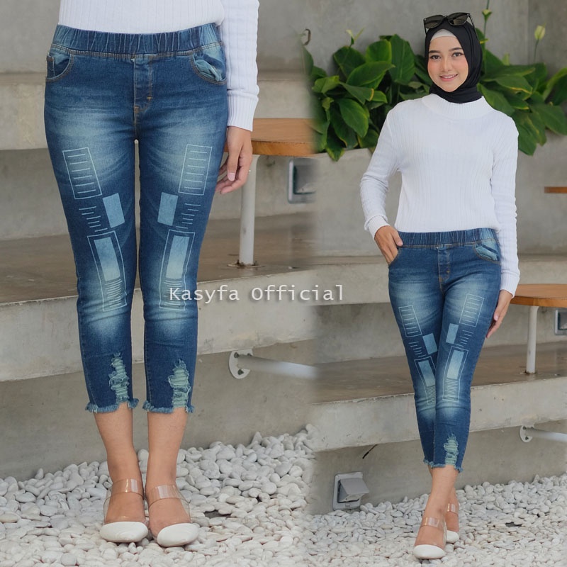 LESLAR CELANA JEGGING JEANS SOBEK 7/9 // LEXY JEANS LASER KOTAK FULL KARET #2