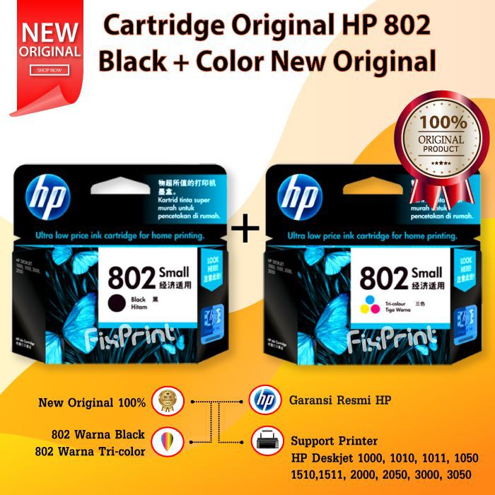 Cartridge Original HP 802 802B Black CH563ZZ Tinta Printer 1000 2000 3000 1050 2050 3050