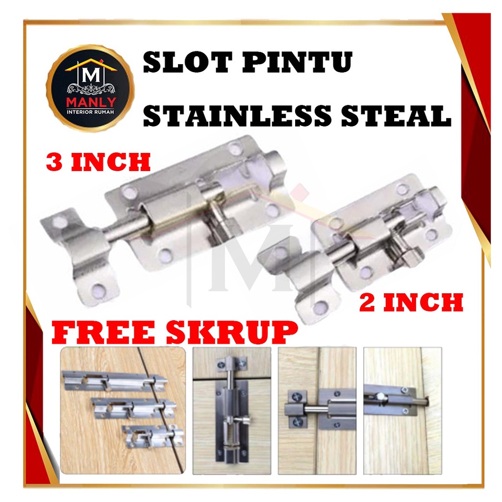 Grendel Slot Pintu Jendela Stainless Steel.. Kualitas Tebal Anti Karat / Kunci Pintu Aman..