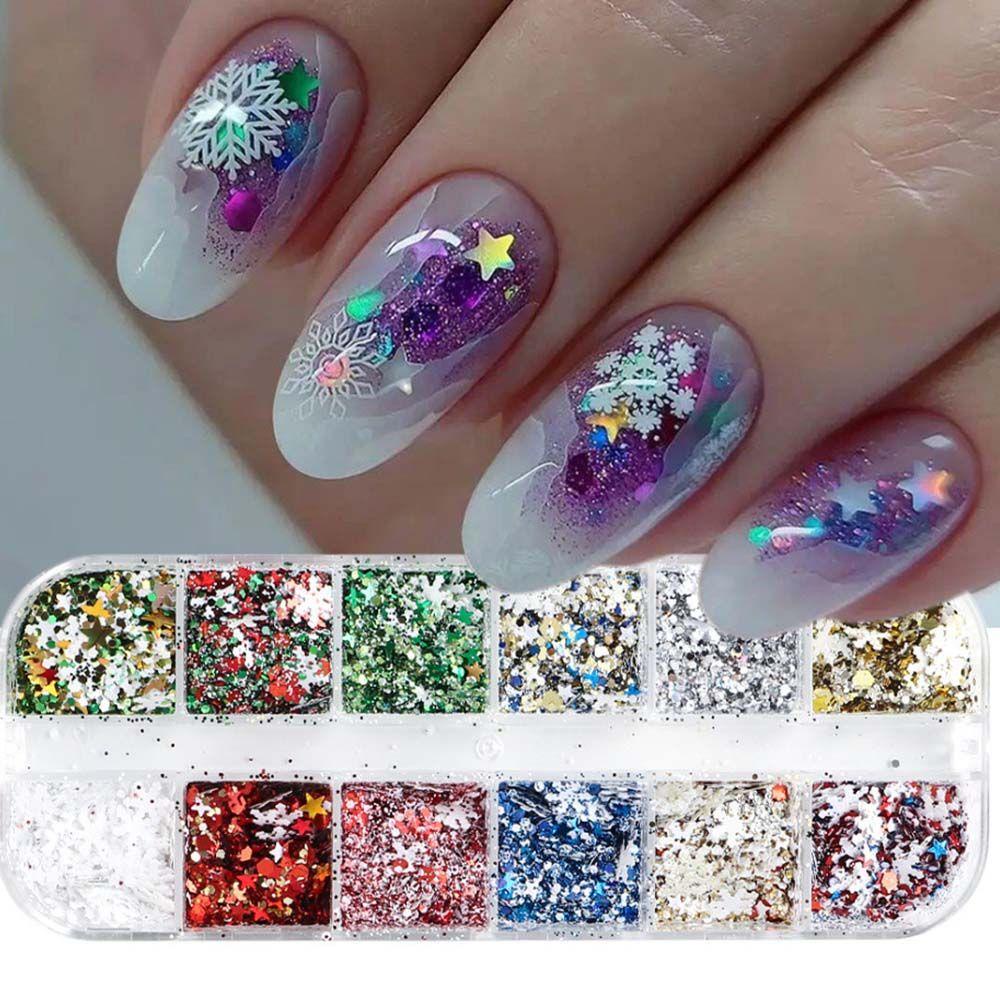 AUGUSTINA Agustina Natal Kuku Payet Fashion Shiny Manicure Bintang Pola Geometris Hiasan Kuku Set Snowflakes Nail Paillettes