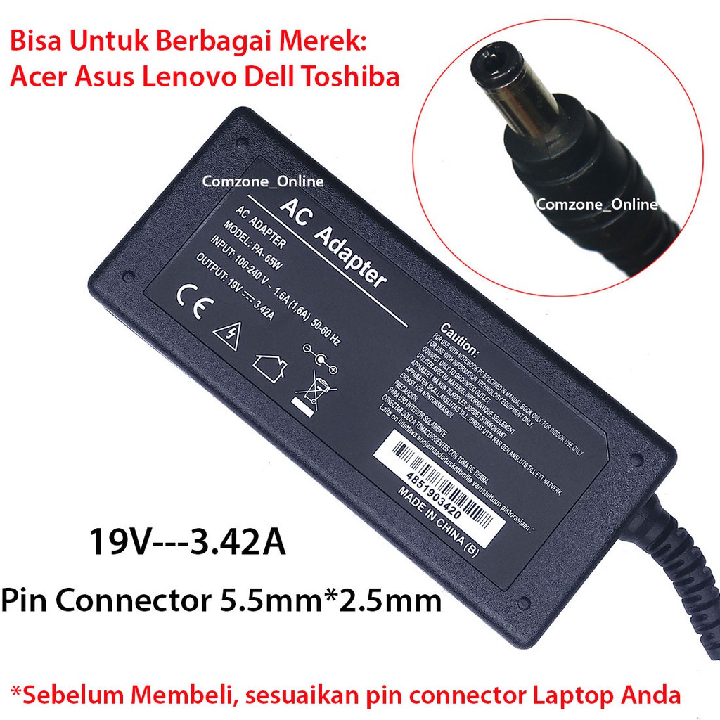 Adaptor Charger Laptop Acer Asus Dell Lenovo Toshiba 19V - 3.42A 5.5*2.5mm Per dus isi 50pcs adldl15