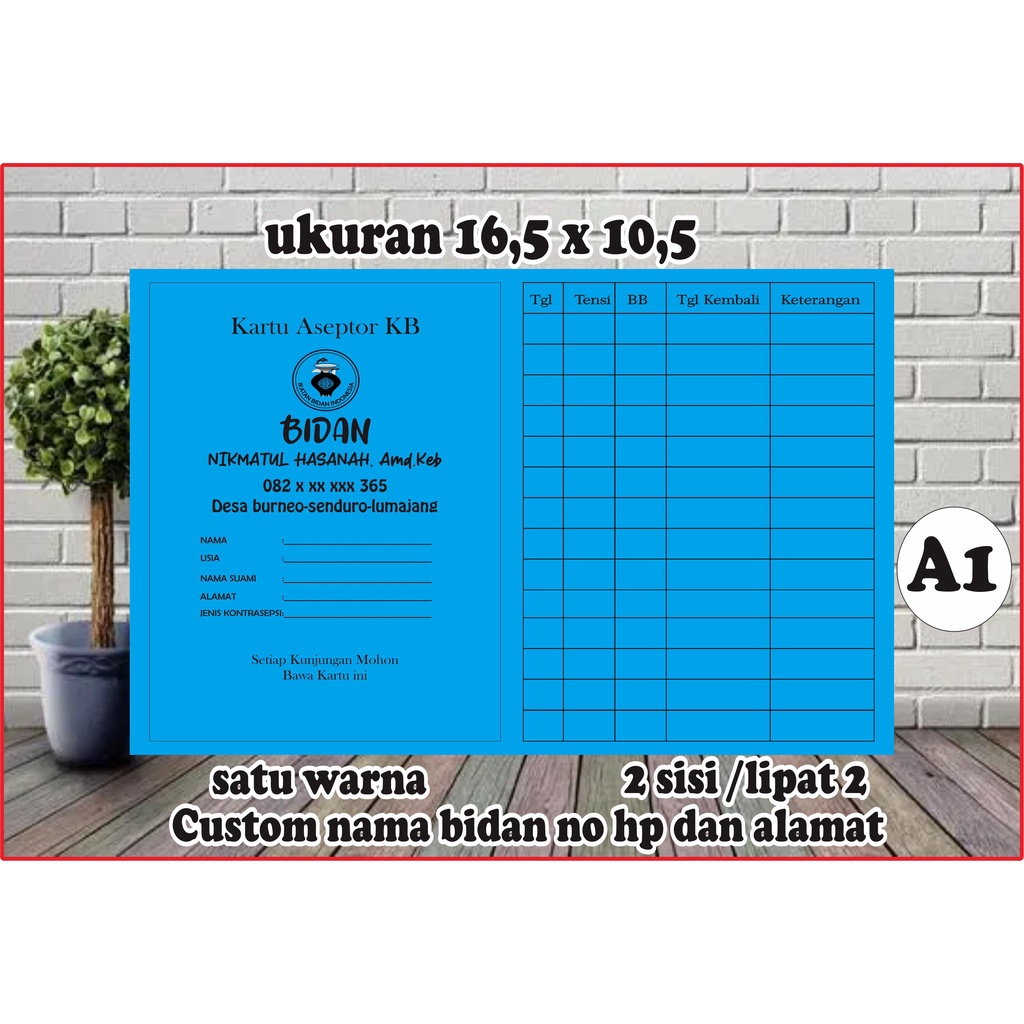 

100 dan 50 pcs Kartu Akseptor KB - Kartu KB - Kartu KB lipat 2 - Kartu KB Bidan (1 Warna)