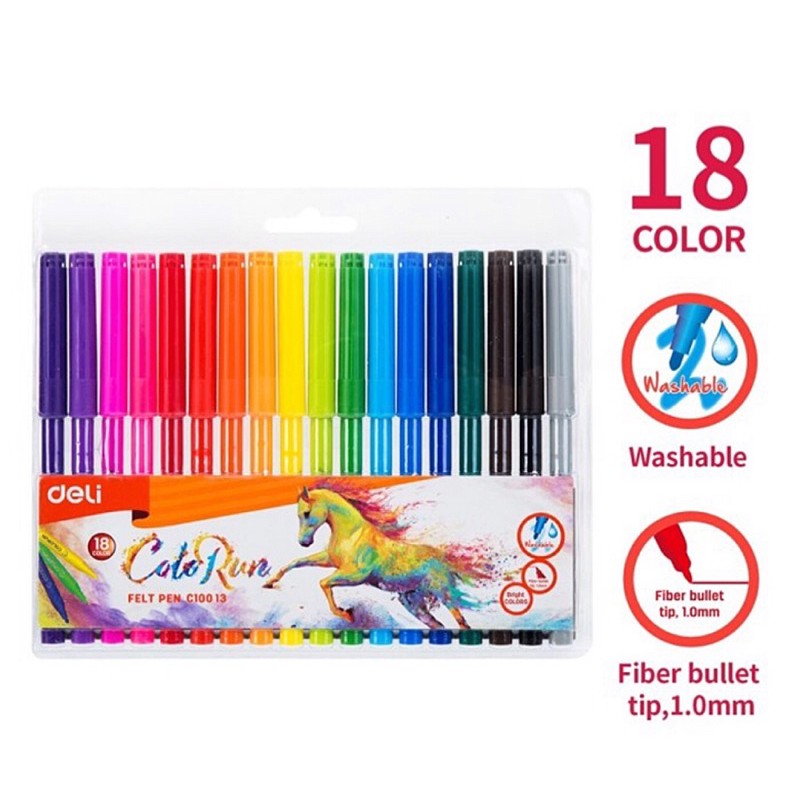 

Deli Felt Pen Washable 18 Color EC10013 / Spidol Warna Deli 18 Warna