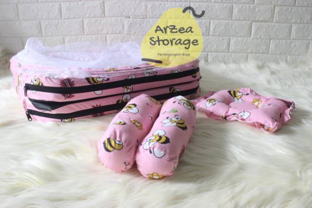 Kasur bayi kelambu set bantal guling lipat lebah pink