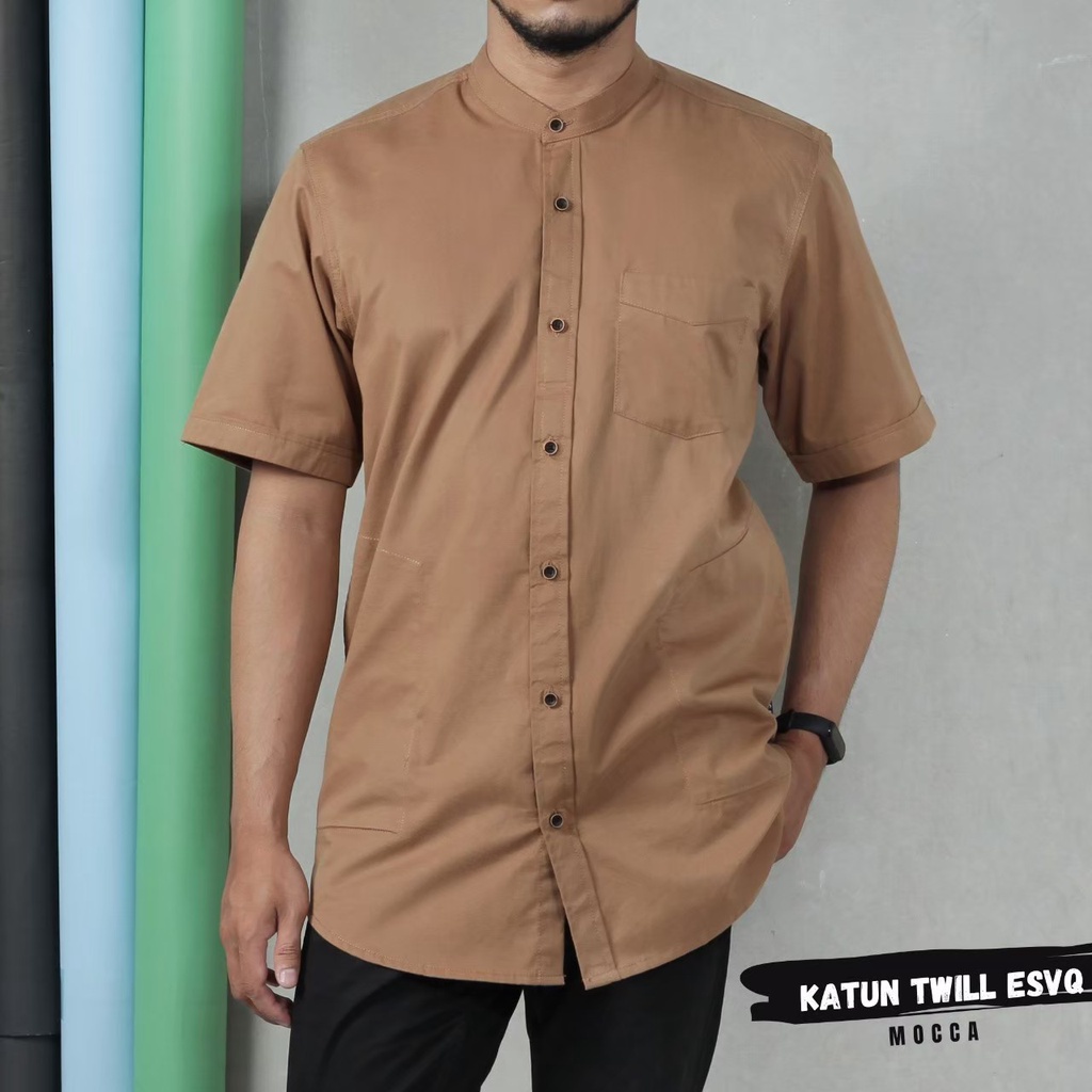 SAVIQ kemko lengan pendek baju muslim polos pria kemeja koko Hitam kode KQS4004