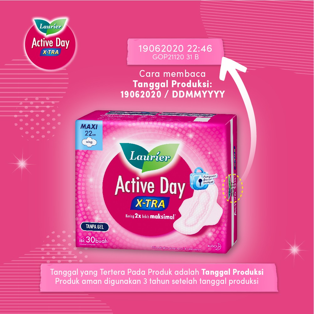 Laurier Active Day X-tra Pembalut Wanita Daya Serap Ekstra Bebas Bocor 22cm Wing Pengunci Bocor Instant Isi 30 Buah