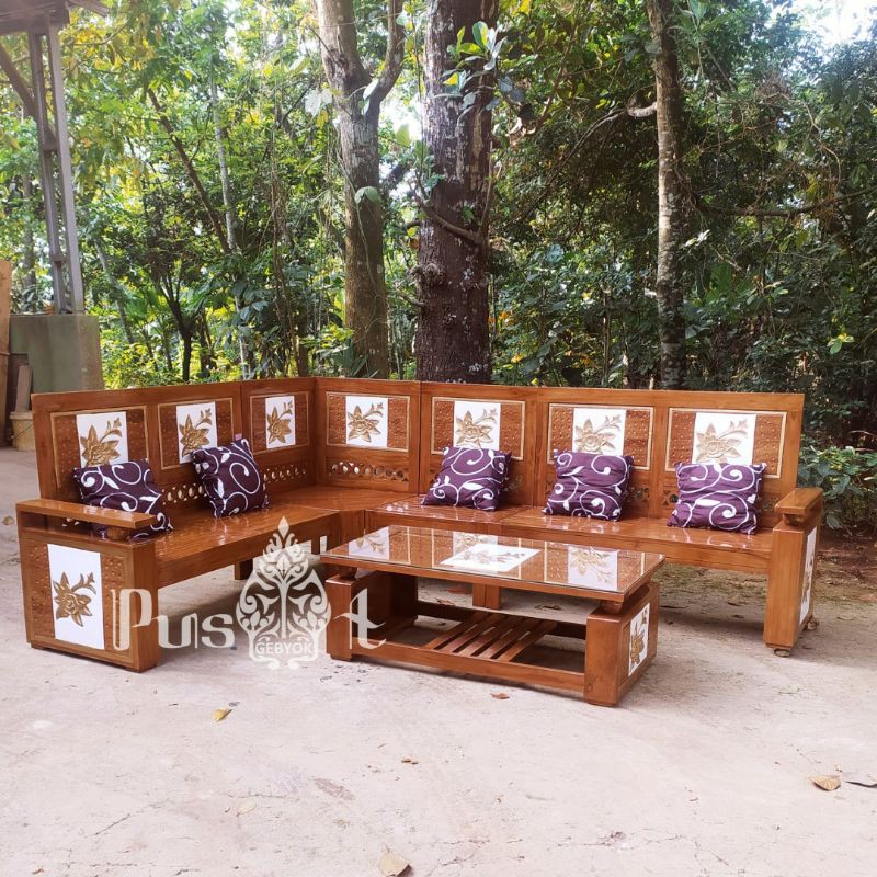 Kursi Tamu Jati Leter L Free kaca+ bantal