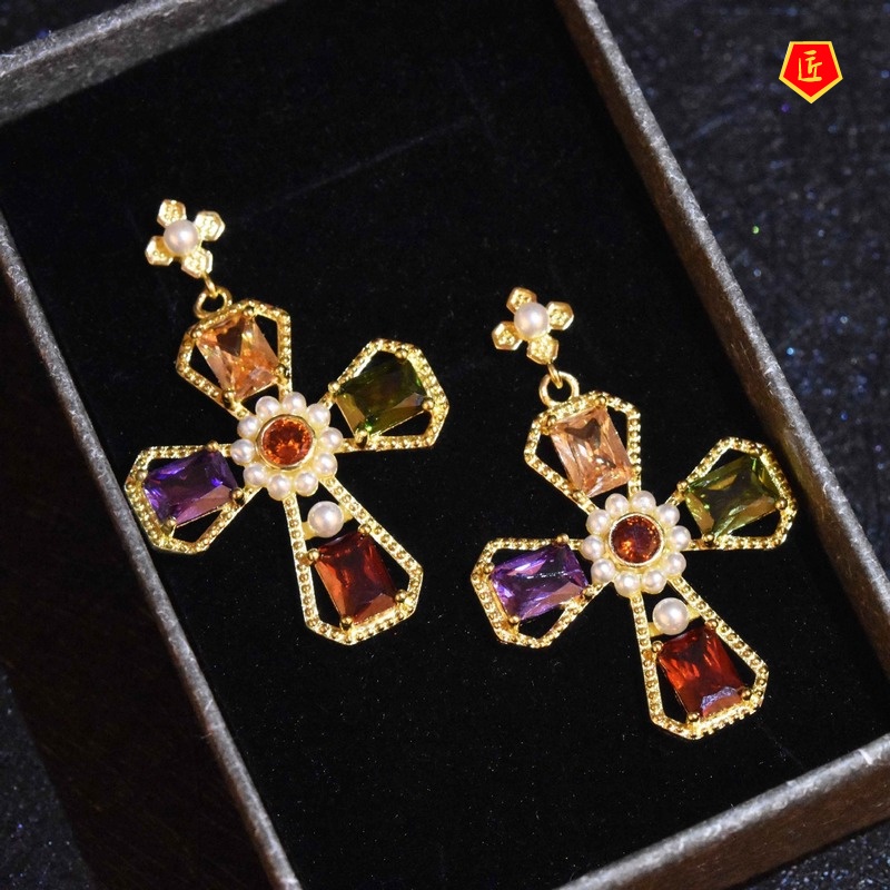 [Ready Stock]Color Gem Cross Gold Stud Earrings Women's Retro Fashion