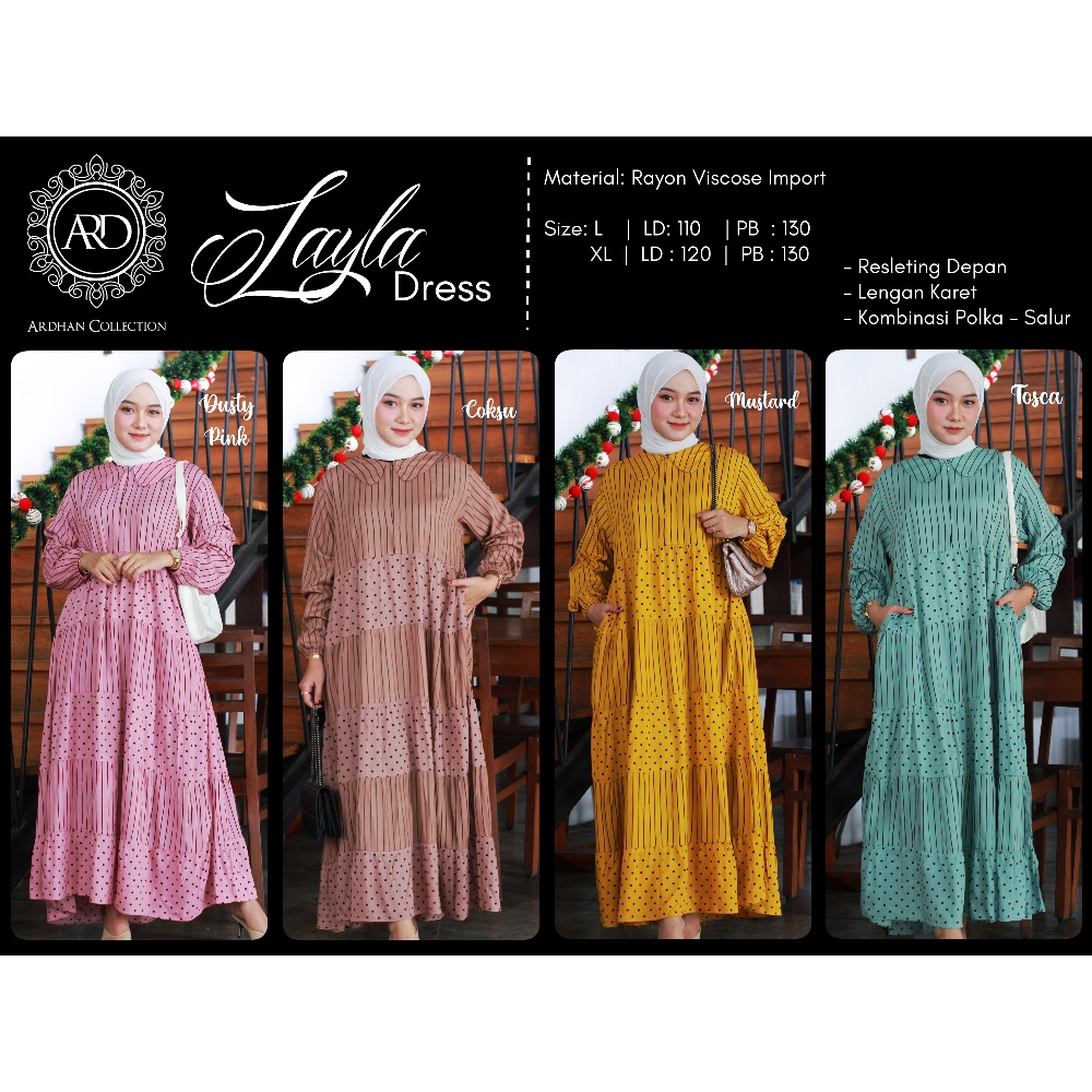 [ARDHAN COLLECTION] LAYLA DRESS - Gamis Dress Long Tunik Rayon Viscose Import Kombinasi Garis san Po