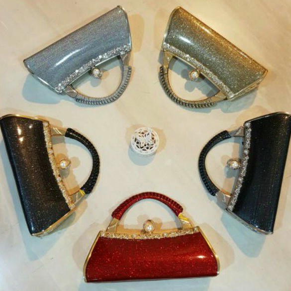 Tas Pesta Farnell Wanita Import 2697/2597 Clutch Glitter Permata Mutiara Cantik