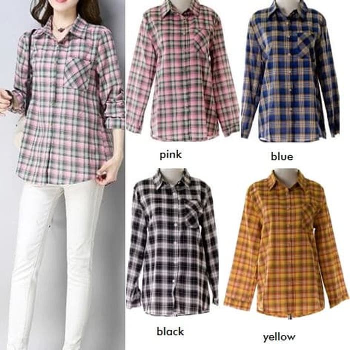 Atasan wanita IMPORT Kemeja Wanita Kotak Atasan Shirt Grid Kuning Biru Pink - YELLOW, M Murah , Baru