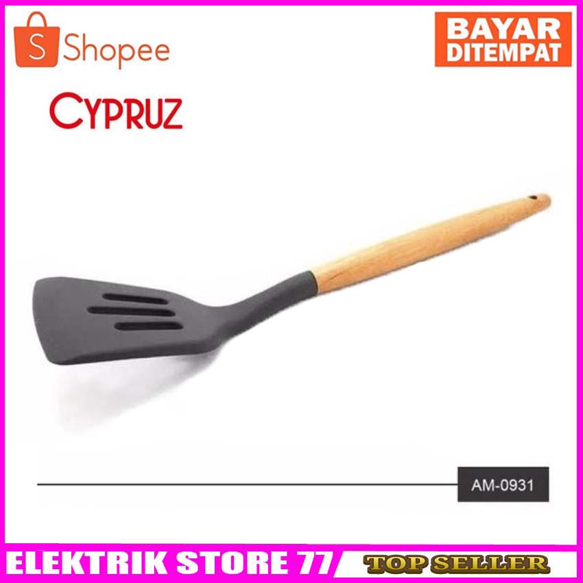 Spatula Silikon Turner Lubang Abu Gagang Kayu  CYPRUZ AM-0931-AU