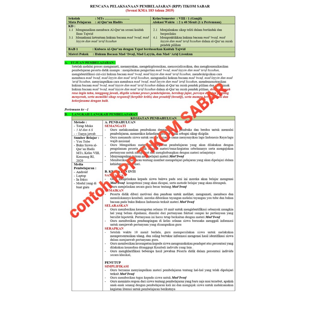 RPP 1 Lembar (RPP Daring,LuringDanTikomSabar) Akidah Akhlak MTs Kelas 8 Semester1-2, Sesuai Kma 183 Tahun 2019