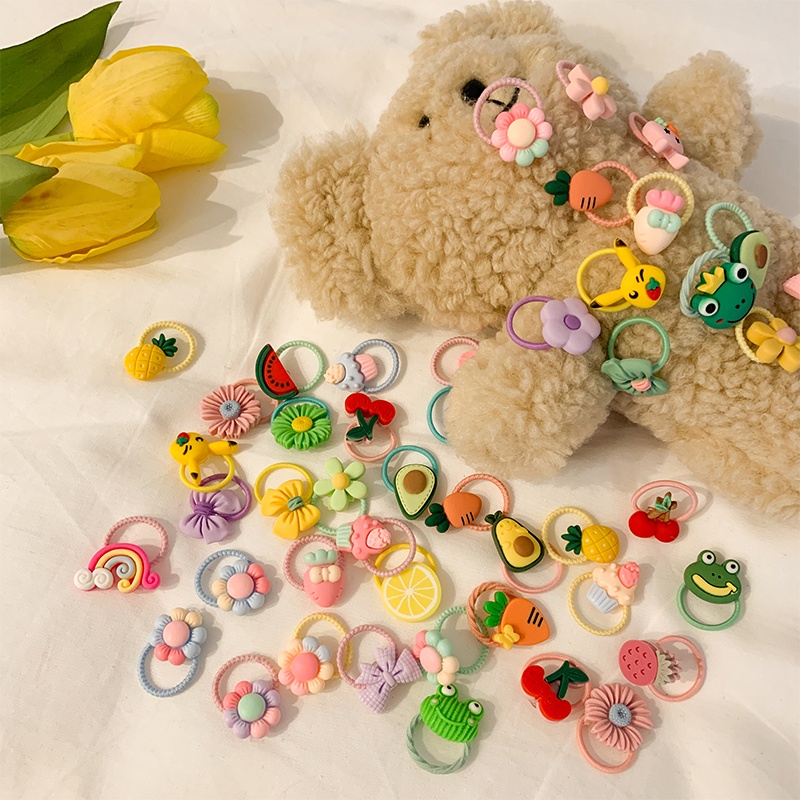 Magic789 10pcs / Set Ikat Rambut Tali Karet Aksen Bunga Matahari / Strawberry Untuk Anak Perempuan