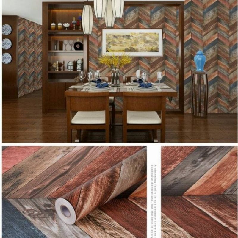 Wallpaper Sticker Dinding Motif Kayu Kombinasi Warna 3D