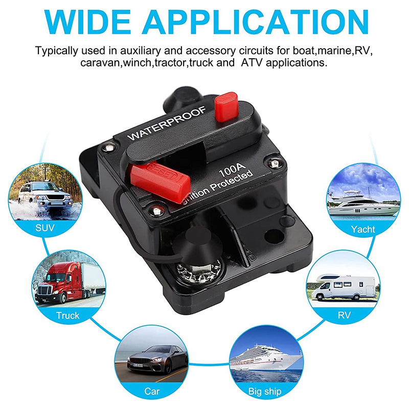 Waterproof Circuit Breaker,With Manual Reset,12V-48V DC,100A,for Car Marine Trolling Motors Boat Power Protect