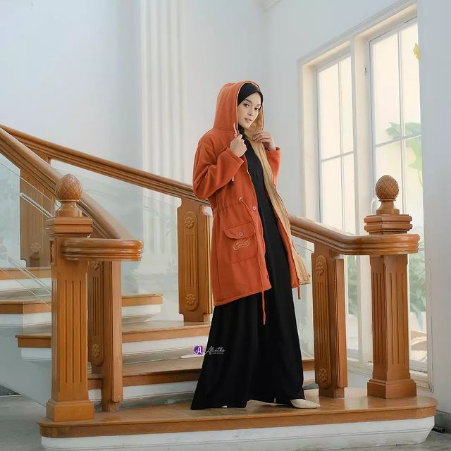Jaket Panjang Outer Wanita Muslimah Hijab Hoodie Terbaru Kekinian-Coral