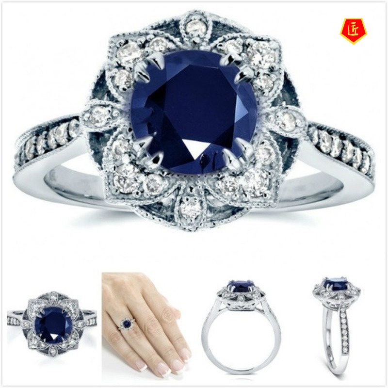 [Ready Stock]European and American Fashion Carat Diamond Ring Inlaid Sapphire Flower Ring