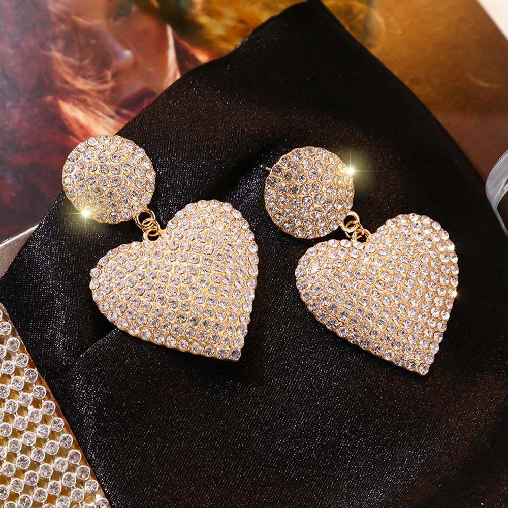 Rebuy Stud Earrings Pesta Pernikahan Fashion Temperamen Aksesoris Cinta Hati Penuh Berlian Imitasi Hadiah Untuk Wanita Shiny Menjuntai Earring