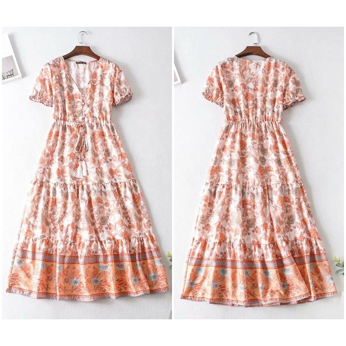 [baju wanita korea]  Summer Long Dress Midi Pantai Bunga Wanita Korea Import Orange Flower