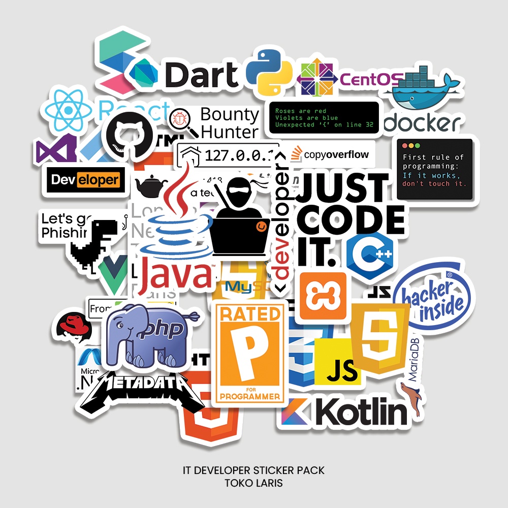 Sticker Pack 20 PCS Tema Teknologi Programming Untuk Laptop, Tumblr, Helm, Case | Sticker Laptop, Sticker Tumblr