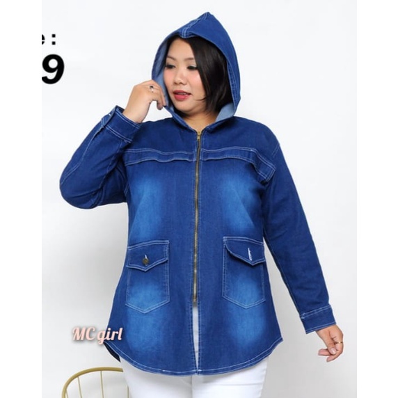 MC girl - Jaket Jeans Resleting Topi Jumbo Wanita / Jas Lepis Sleting Hoodie / Jaket Denim Kupluk Big Size