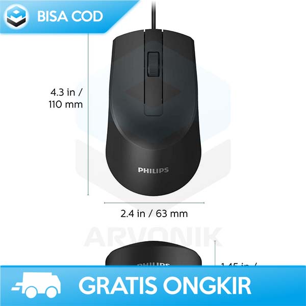 MOUSE OPTICAL WIRELESS USB PHILIPS DESAIN ERGONOMIS ANTI LAG 1000 DPI