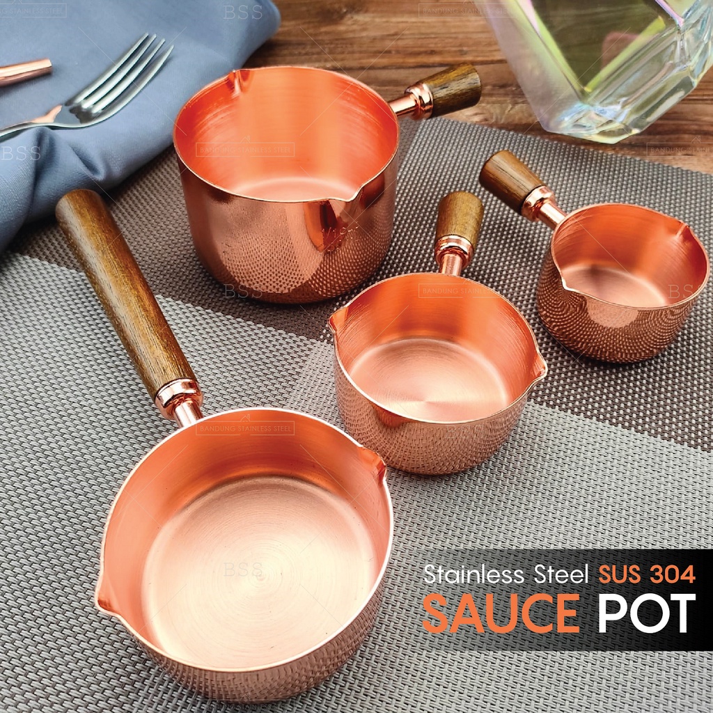 SUS304 Sendok Gelas Takar Double Mouth Stainless Gagang kayu Measuring Cup Mewah Rosegold 60ml 80ml 100ml Tempat Wadah Saus Tomat Sambal Steak Pot Bumbu BBQ Barbeque