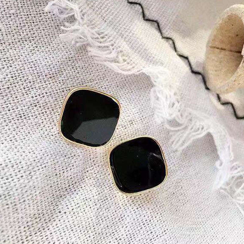 Anting Persegi Warna Retro Elegan S925 Jarum Perak Akrilik Warna Solid Anting-anting Wanita-black