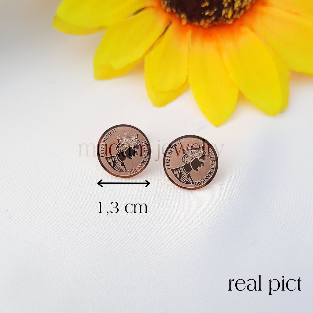 Anting Tusuk Titanium Vintage Queen Coin Tersedia Warna Rose Gold dan Gold