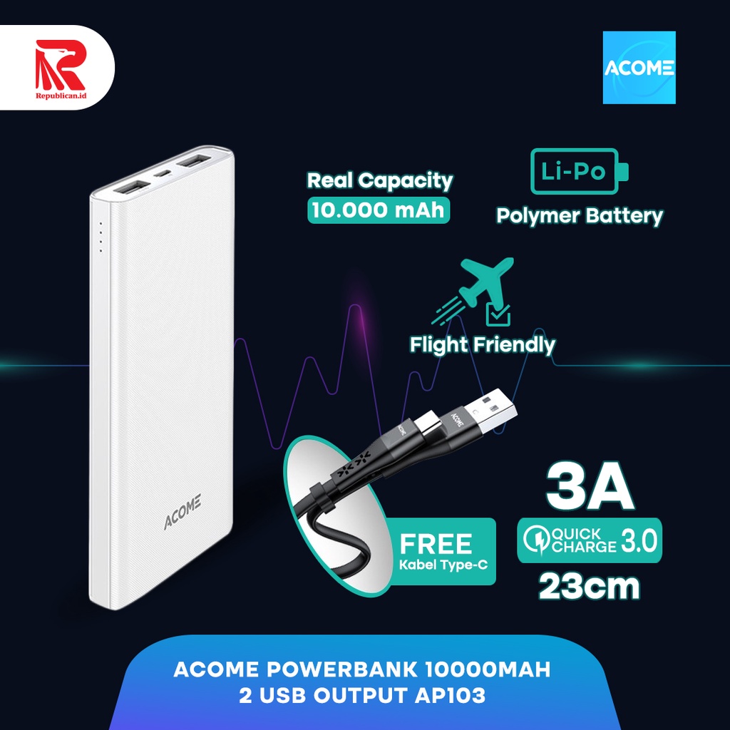 ACOME Powerbank 10000mAh 2 USB Output AP103 Free Kabel