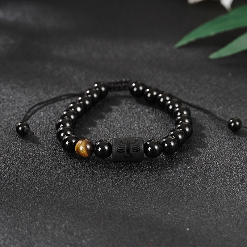 Gelang Manik-Manik Batu Reiki Hitam Ukuran 8mm Desain 12 Rasi Bintang Untuk Pria Dan Wanita