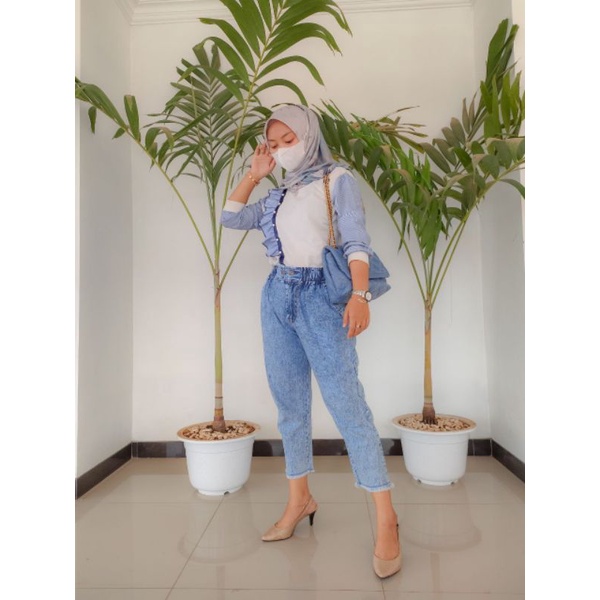 Feya Boyfriend Jeans Highwaist Pants Celana Panjang Denim Outfit Remaja Ootd Kekinian