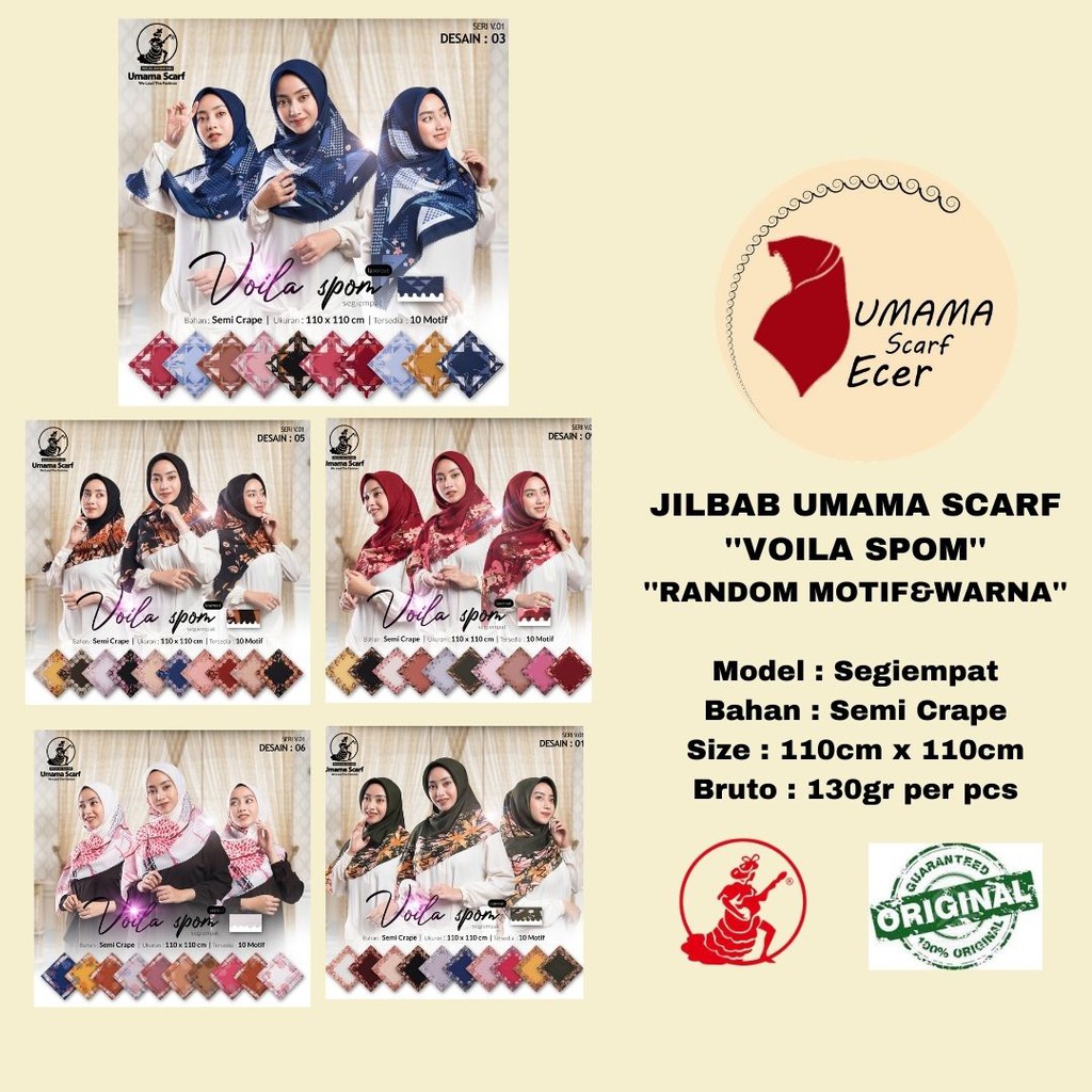 [ORIGINAL] Jilbab UMAMA VOILA SPOM LC Hijab Kerudung Segiempat RANDOM Motif dan Warna