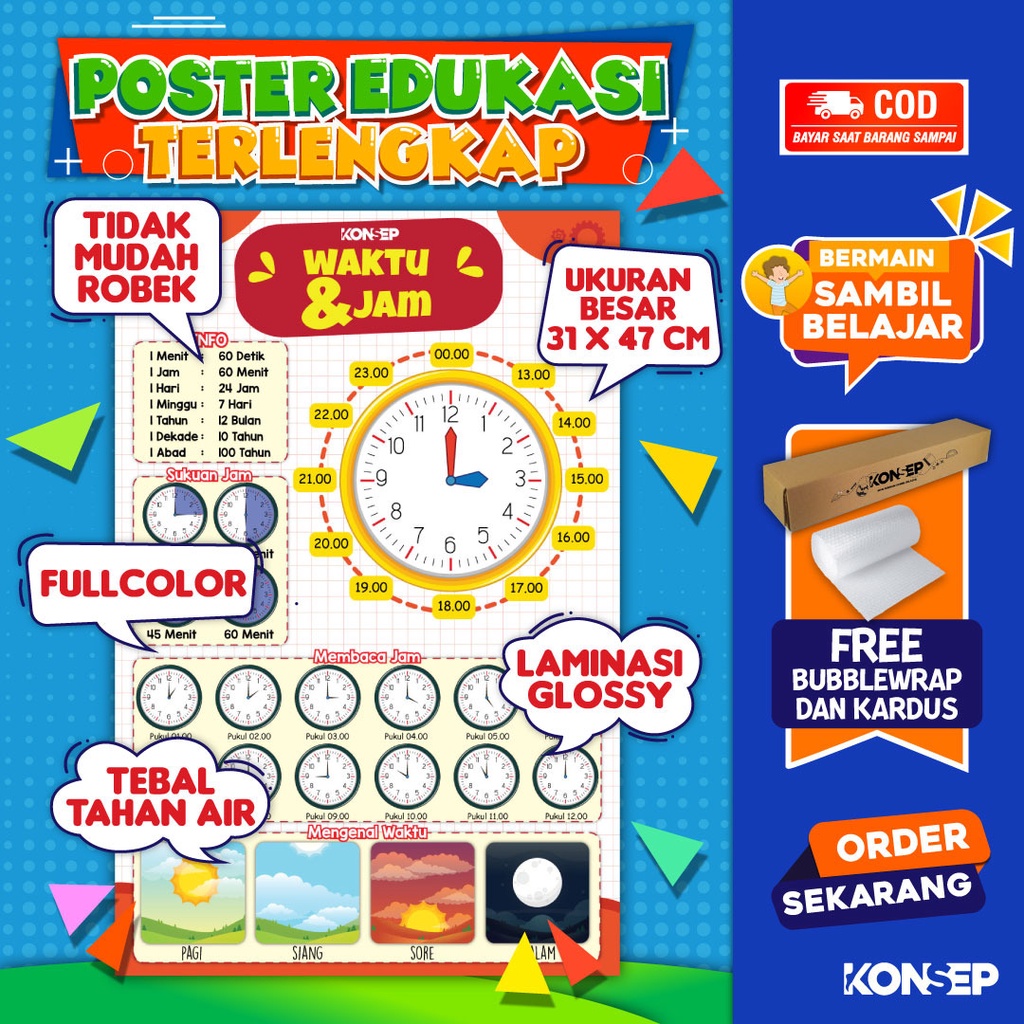 Konsep Poster Edukasi Pendidikan Anak Belajar Waktu &amp; Jam Paud Balita TK Toodler SD Laminasi Glossy Tahan Air