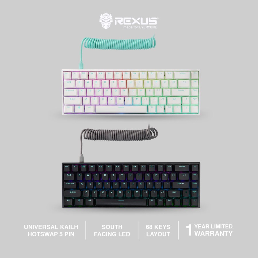 Keyboard gaming rexus wired type-c coil mechanical 68 keys tkl 60% rgb free switch daiva max south facing d-68sf d68 sf rx-d68sf