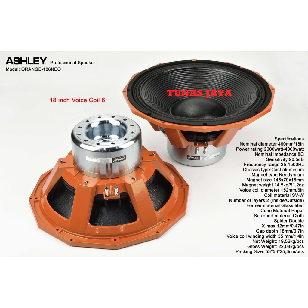 SPEAKER COMPONENT ASHLEY ORANGE 186NEO -186 NEO 18 INCH ORIGINAL