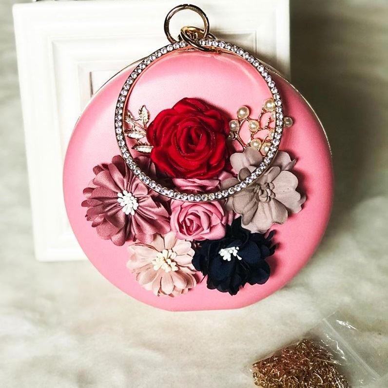 JT0064-pink Tas Pesta Bulat Bunga Import Cantik