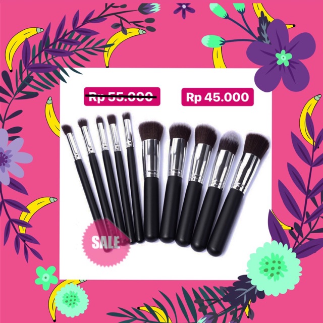 Kuas makeup 10 set / brush makeup 10 set black silver