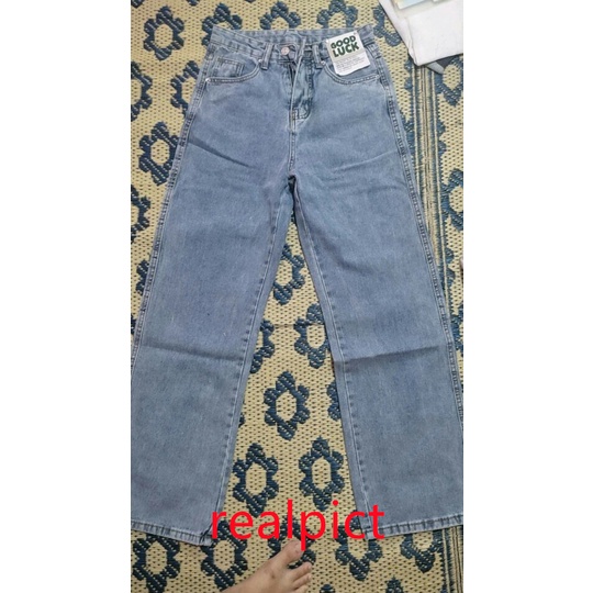 New Biru muda kulot longgar high waist celana jeans panjang wanita（GOOD LUCK）（realpict）