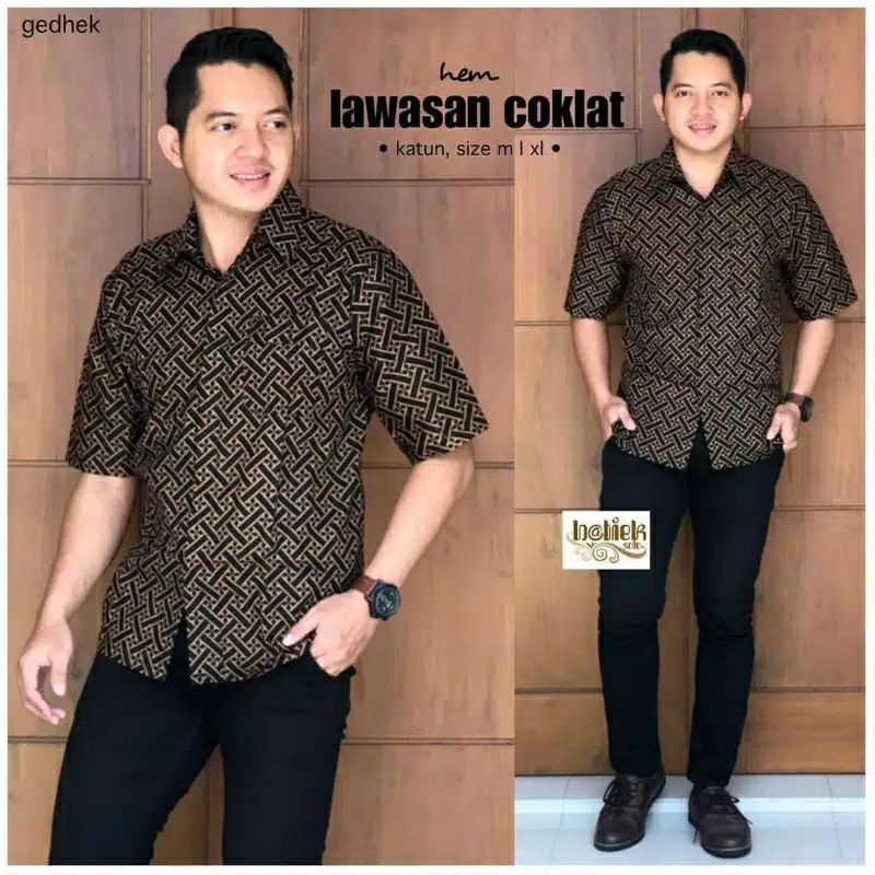 BSWART Batik HRB026 Kenongo Hem Pendek Padi Pekalongan M L XL Batik Pria MURAH Modern Grosir-Pager